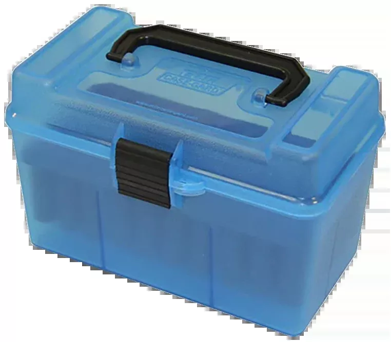 MTM Case-Gard Deluxe 50-Round Ammo Box, Clear Blue Polypropylene with Handle – H50RMAG24