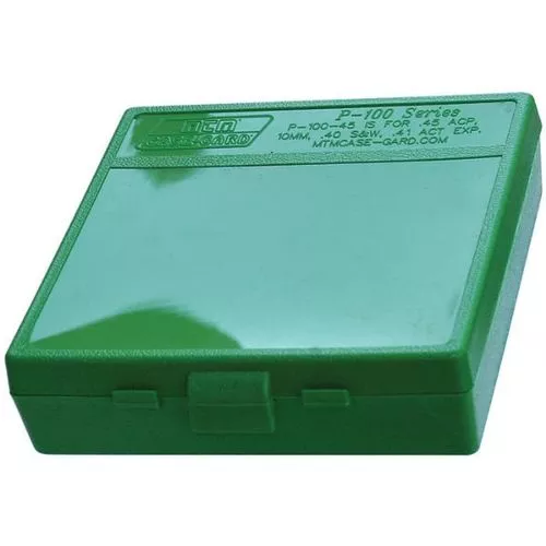 MTM Case-Gard P-100-45 Handgun Ammo Box for 100 Rounds of .40/10mm/.45 ACP Cal Ammo - Green/Black