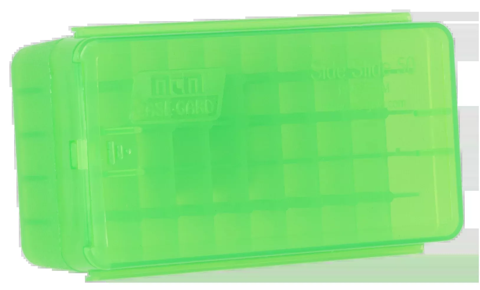 MTM Case-Gard Side-Slide Pistol Ammo Box, Clear Green Plastic, 50-Round Capacity, P50SS9M16