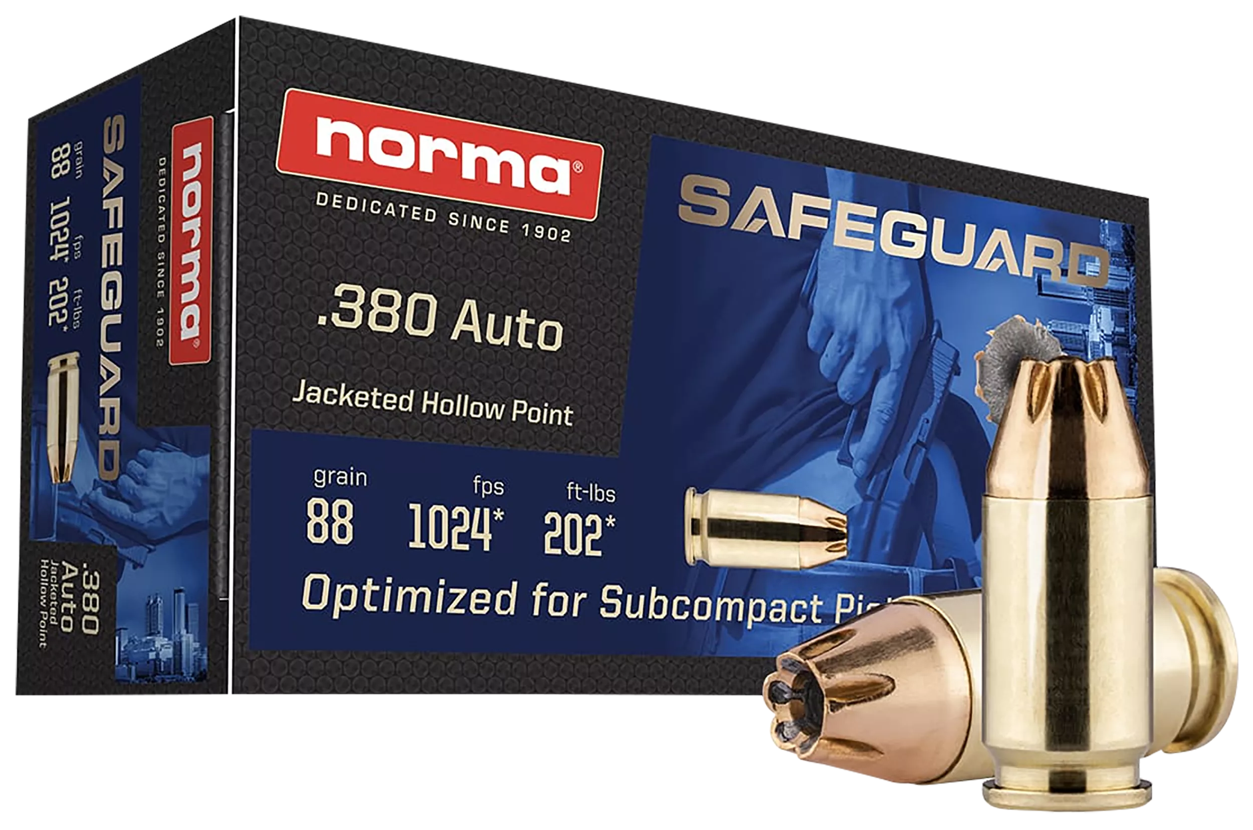 Norma Ammunition 803807680Safeguard 380ACP 88gr Jacketed Hollow Point 50 Per Box/20 Case