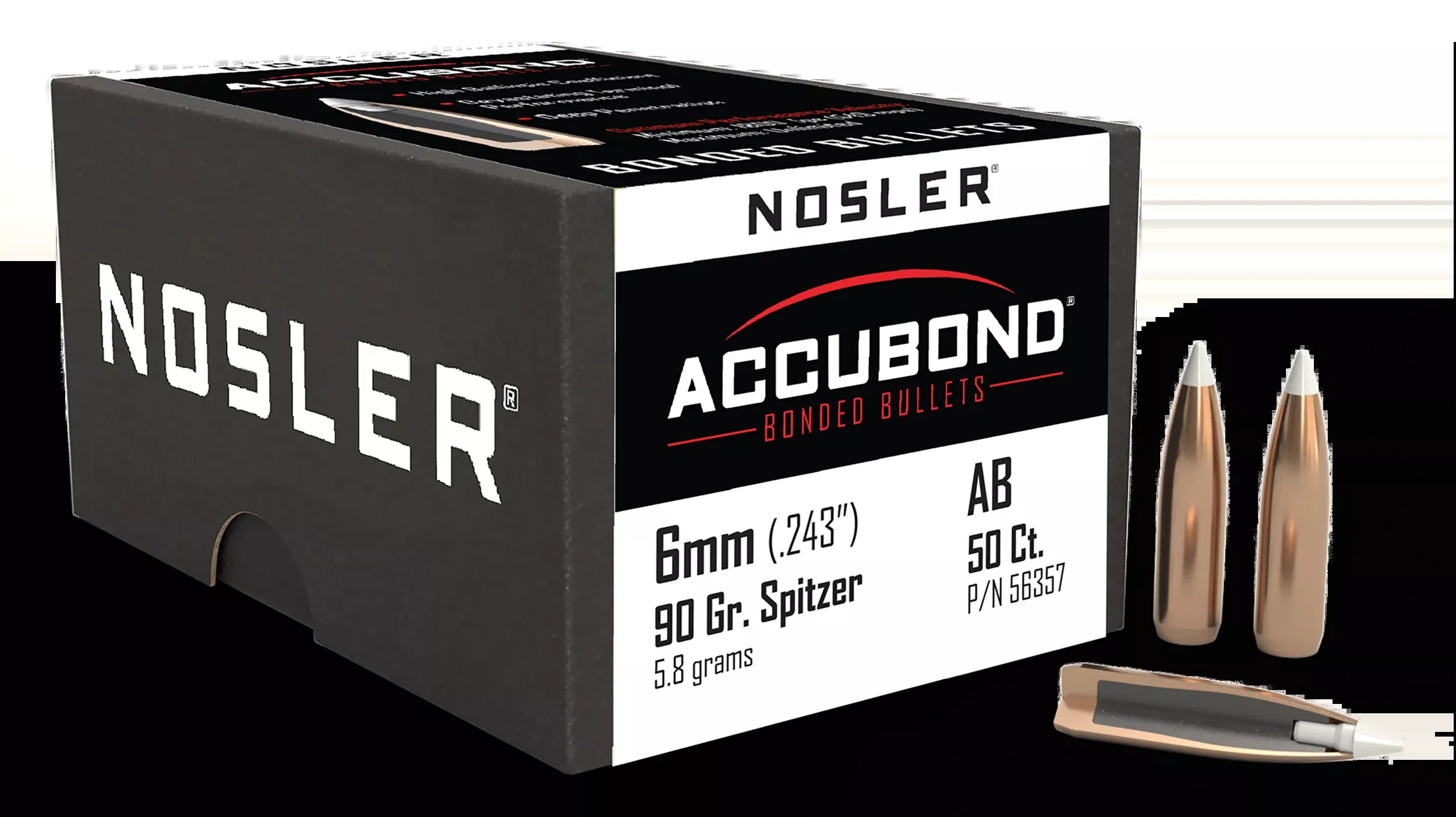 Nosler AccuBond Bonded-Core Bullets 6mm 90 Grain Spitzer Point 50 Count 56357