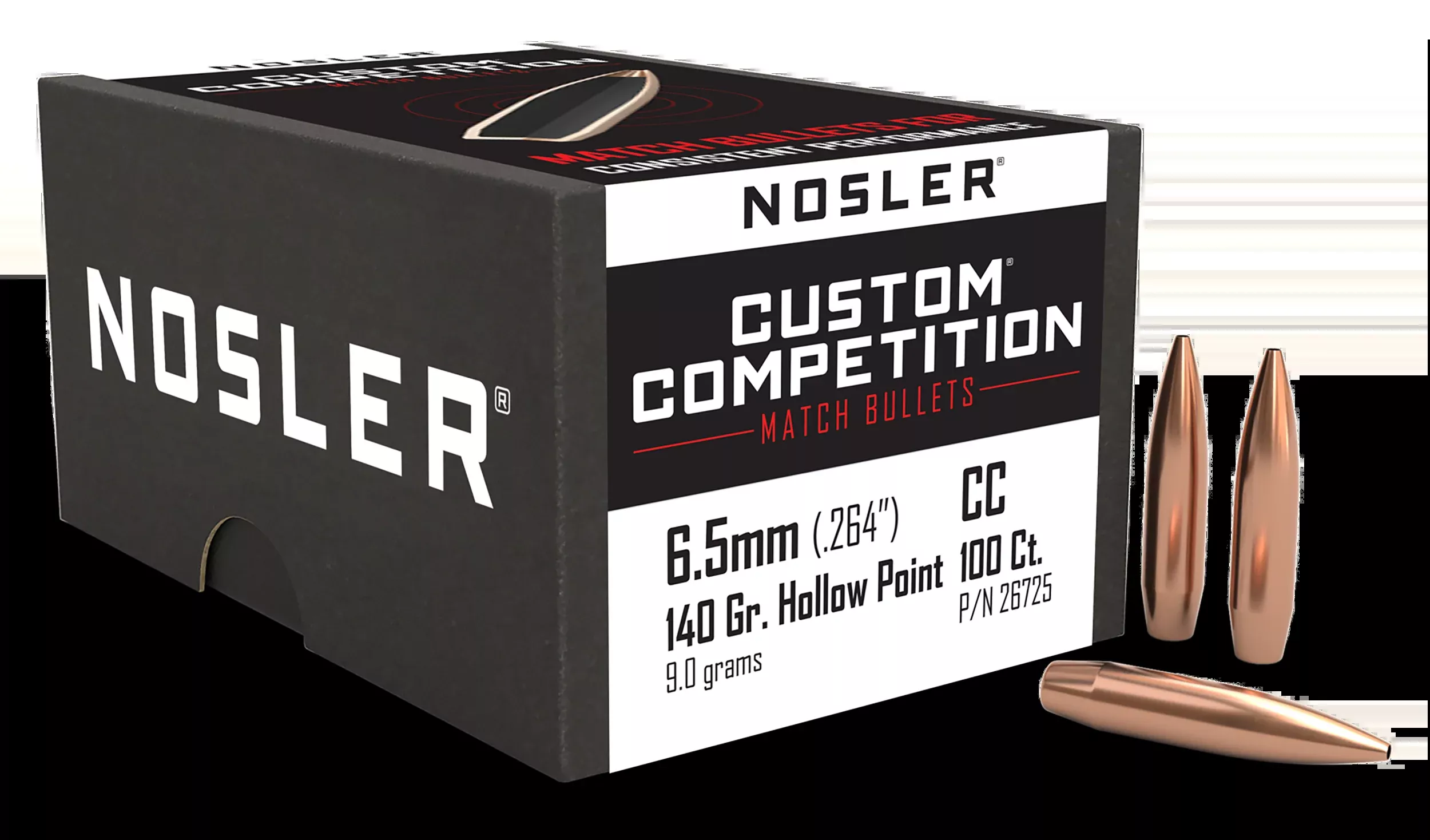 Nosler Custom Competition 6.5mm 140gr Hollow Point Boat Tail Match Bullets, 100 ct 26725