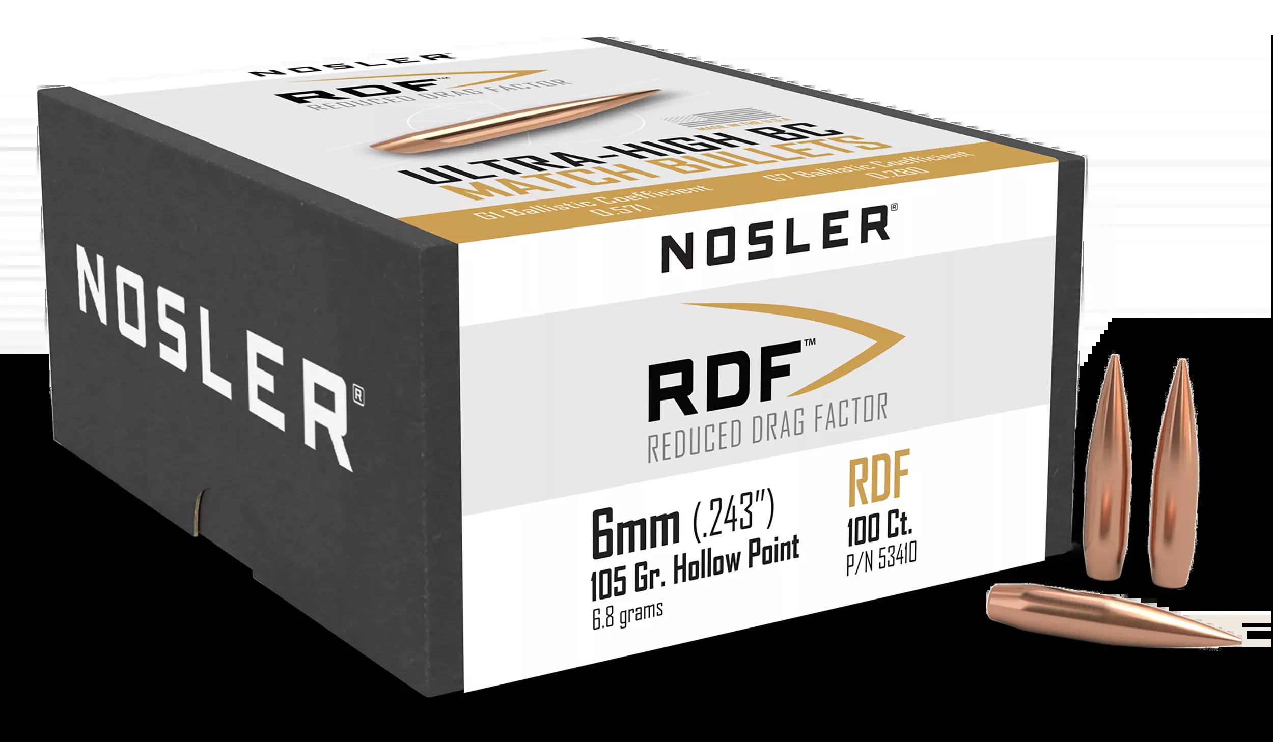 Nosler Reduced Drag Factor Match 6mm (.243) 105gr Hollow Point Boat Tail Bullets 100/Box 53410