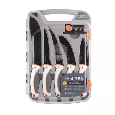 Outdoor Edge ErgoMax Fixed Blade Knife Set - Plain Edge, White and Orange Handles, Titanium Coated Blades, Kit includes 5 Knives and Sharpener