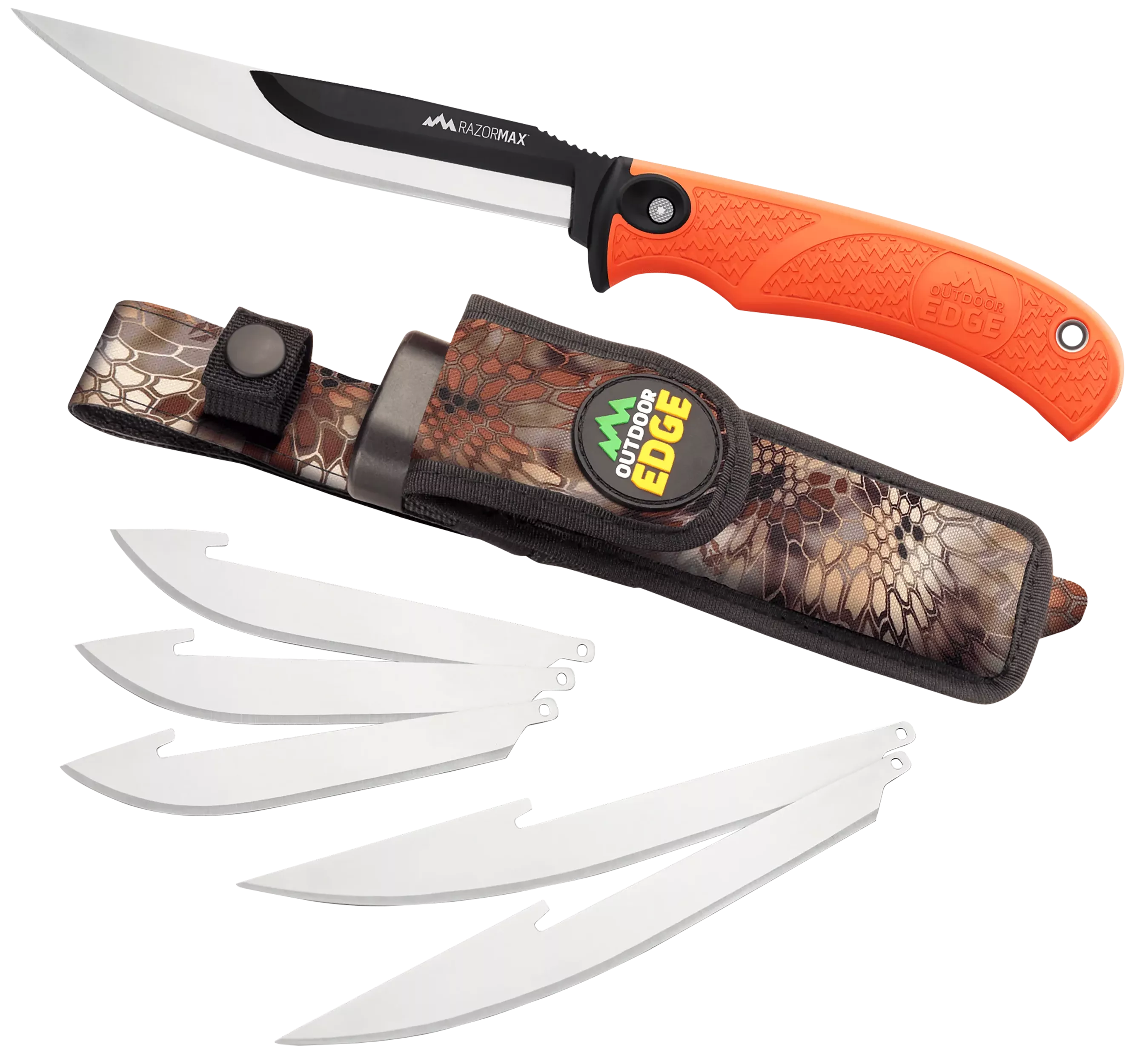 Outdoor Edge RMB20C RazorMax6 Blades, 3.50" Drop Point/5" Boning Fillet Folding Plain Satin/Black Oxide 420J2 SS Blades, Blaze Orange Textured TPR Handle