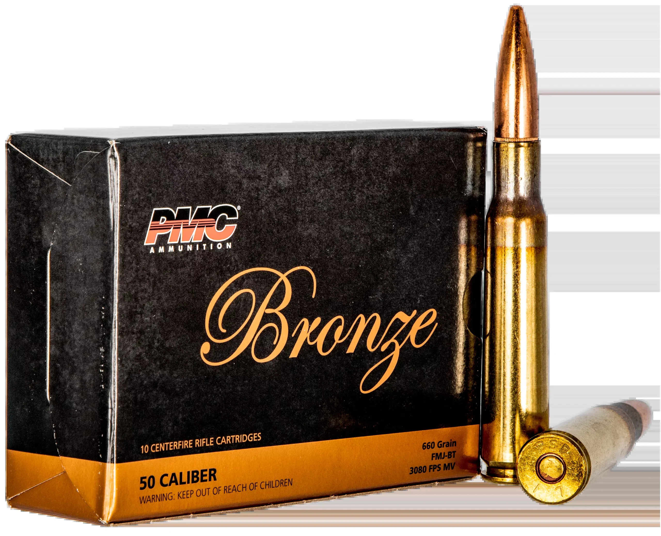 PMC Bronze .50 BMG 660gr FMJ Boat Tail Rifle Ammunition, 10-Round Box (20/Case) 50A