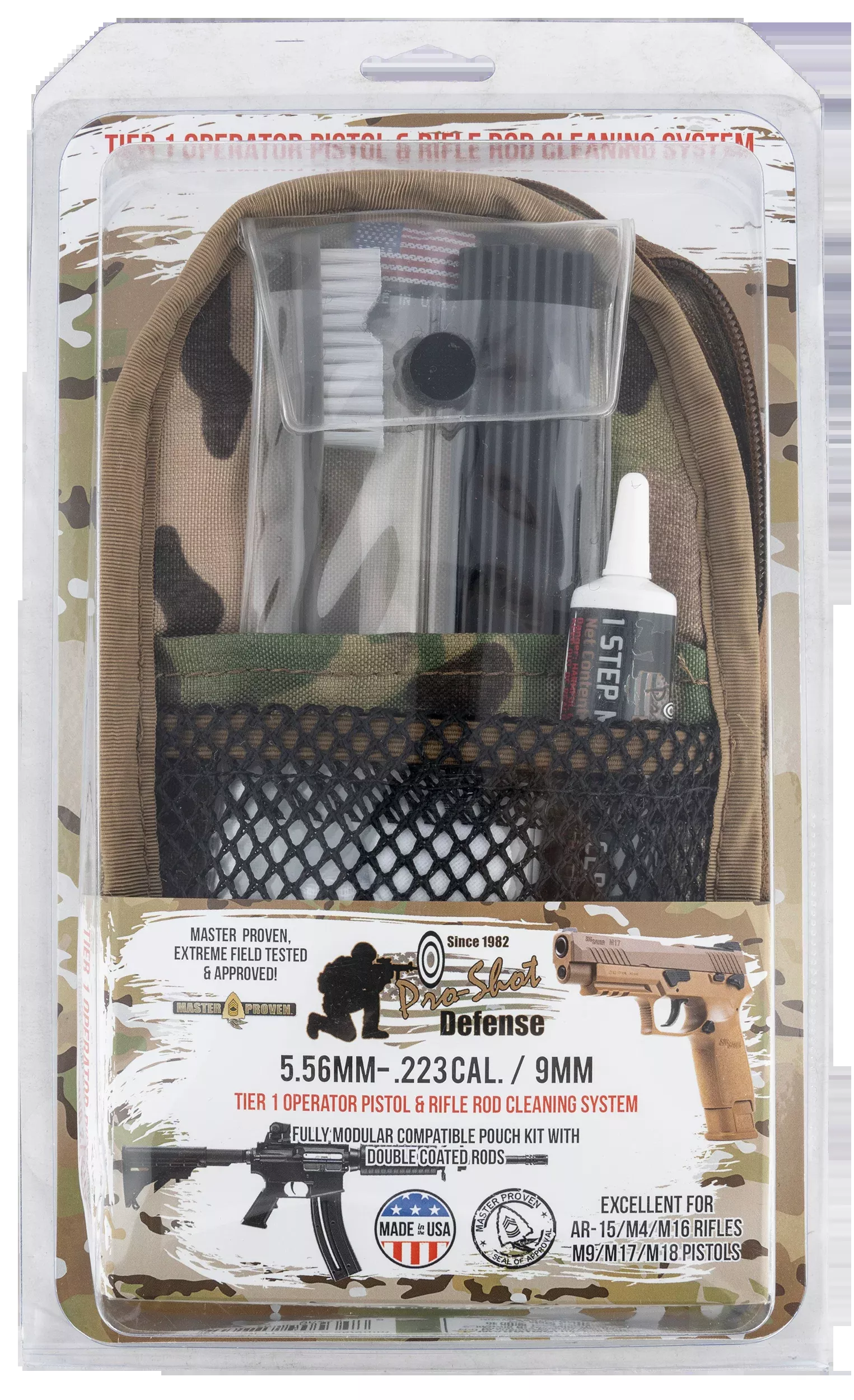 Pro-Shot Defense Multi-Caliber Rod Cleaning Kit for 5.56/.223 & 9mm, Multi-Camo Pouch, MMULTICAM5569MM