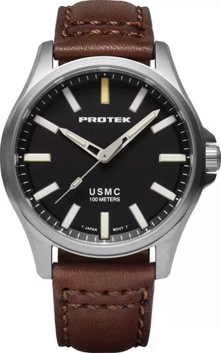 ProTek PT3101 Titanium Field Watch USMC - 40mm Case, Black Dial, Dark Brown Leather Strap
