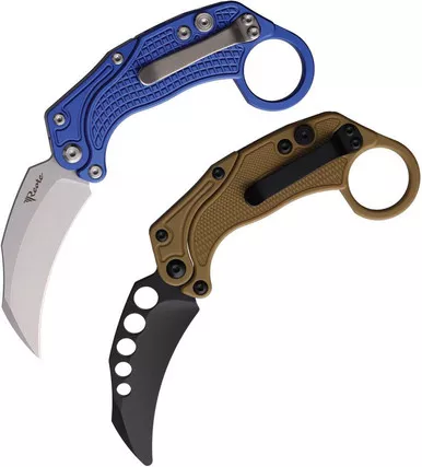 Reate Knives EXO-K Button Lock Gravity Karambit - 3.13" Bohler N690 Satin Blade, Textured Red Aluminum Handles, Includes Trainer