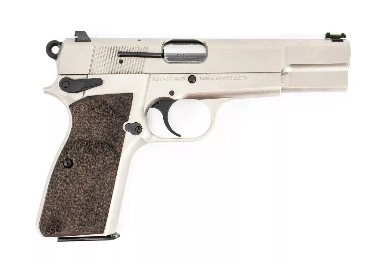 SDS Inglis P-35 9mm Luger 15+1 4.70" Stainless Barrel, Satin Nickel Steel Slide & Frame w/Beavertail, Picatinny Rail, G10 Grips