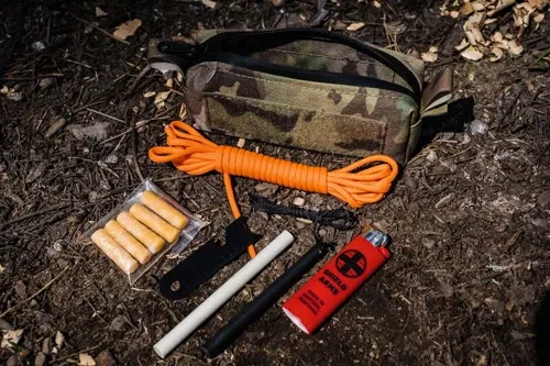 Shield Arms Partisan Fire Kit in Multicam Pouch with Ferro Rod, Lighter, Hone & Cordage SLDSGPSFIREKTMC