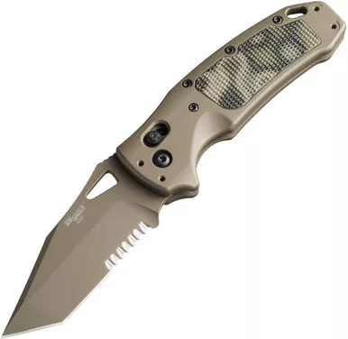 SIG Sauer by Hogue K320 AXG Scorpion ABLE Lock Folding Knife - 3.5" S30V FDE Cerakote Tanto Plain Blade, FDE Aluminum Handles with G-Mascus Green G10 Inserts, AXIS/Crossbar Lock - 36365