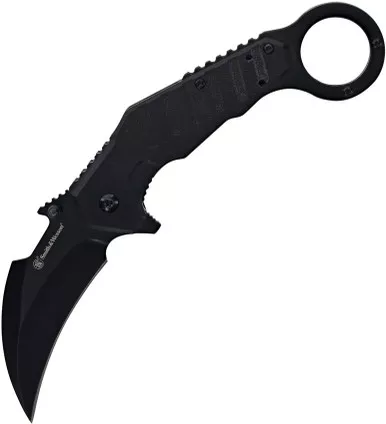 Smith & Wesson Extreme Ops Assisted Karambit Flipper Knife - 3" 8Cr13MoV Black Hawkbill Blade, Black G10 Handles with Pinky Ring, Liner Lock - 1208411