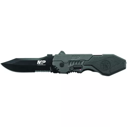 Smith & Wesson Large Military & Police M.A.G.I.C. Assisted Opening Liner Lock Folding Knife Partially Serrated Drop Point Blade with Aluminum Handle