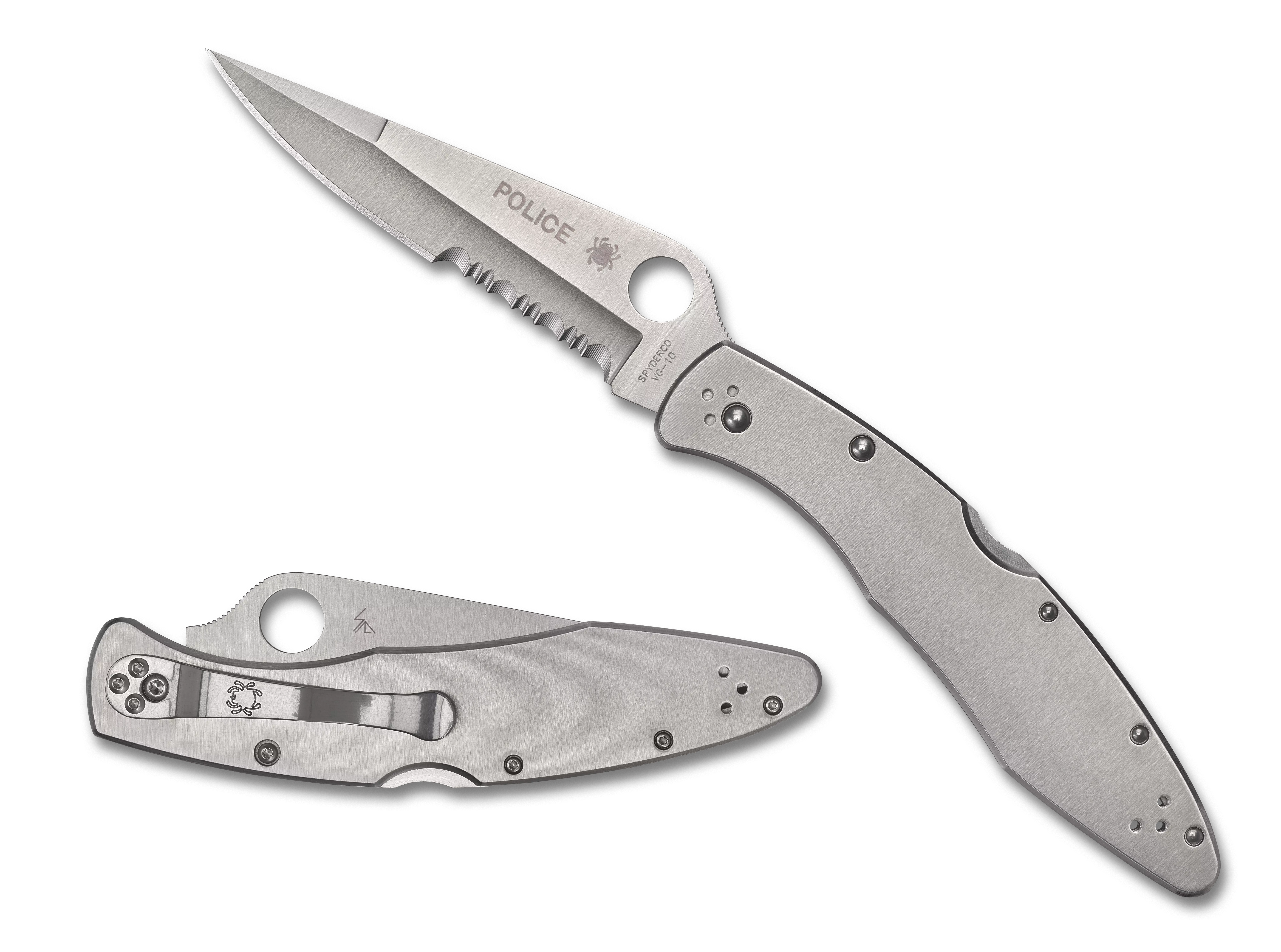Spyderco C07PS Police4.13" Folding Plain Satin VG-10 SS Blade/Satin Stainless Steel Handle Includes Pocket Clip