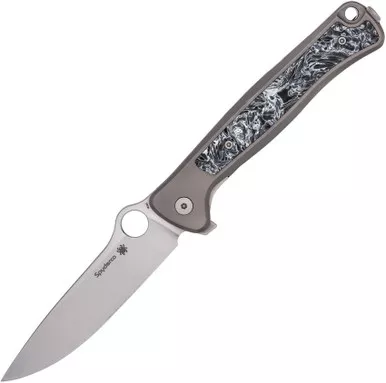 Spyderco / LionSTEEL Michele Pensato Slym Frame Lock Flipper Knife - 3.42" M390 Stonewashed Drop Point Blade, Gray PVD Titanium Handles with Polar Dark Matter FatCarbon Inlay - C271TIP