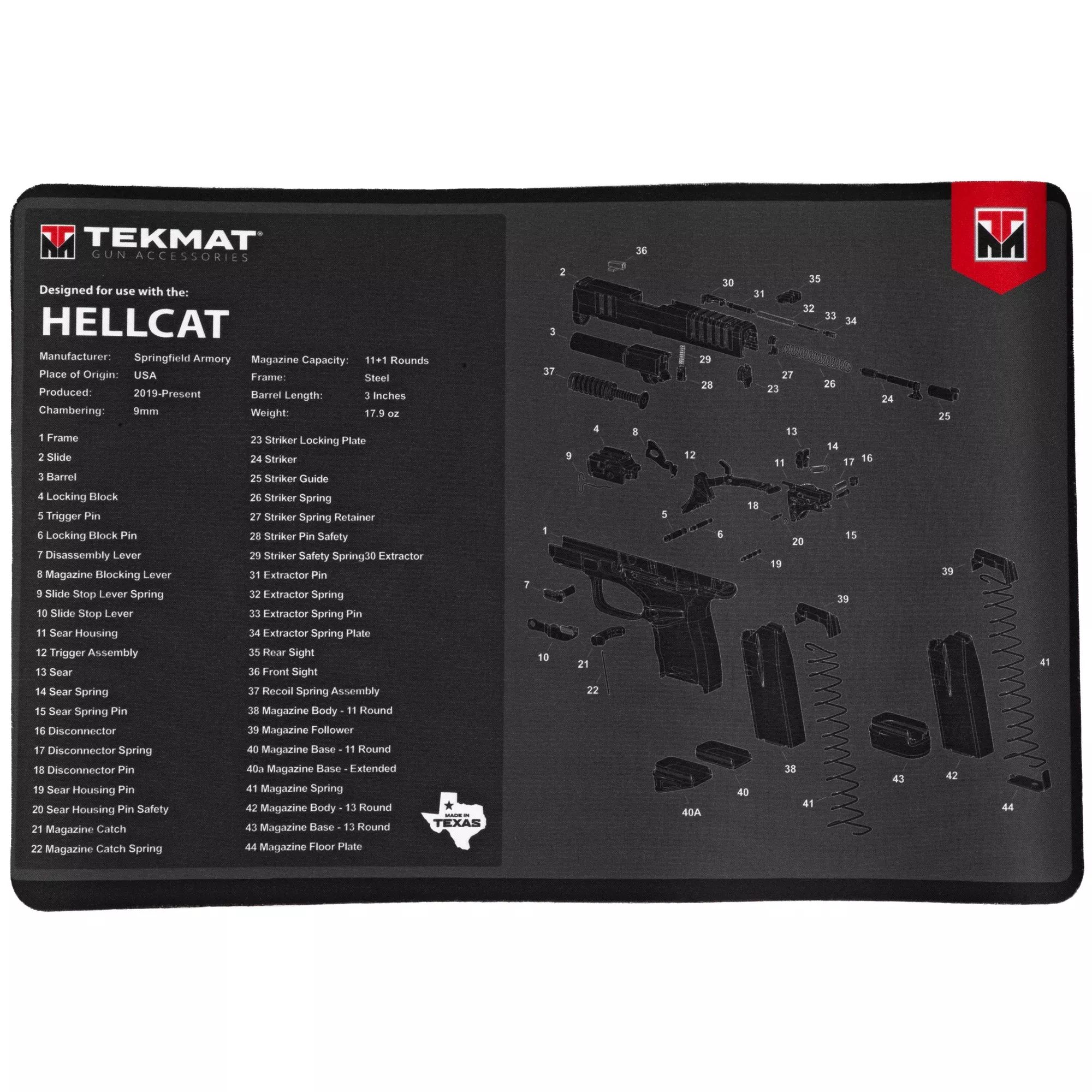 TekMat Springfield Hellcat Pistol Cleaning Mat, 11x17 in, 1/8 in Thick Rubber - TEK-R17-HELLCAT