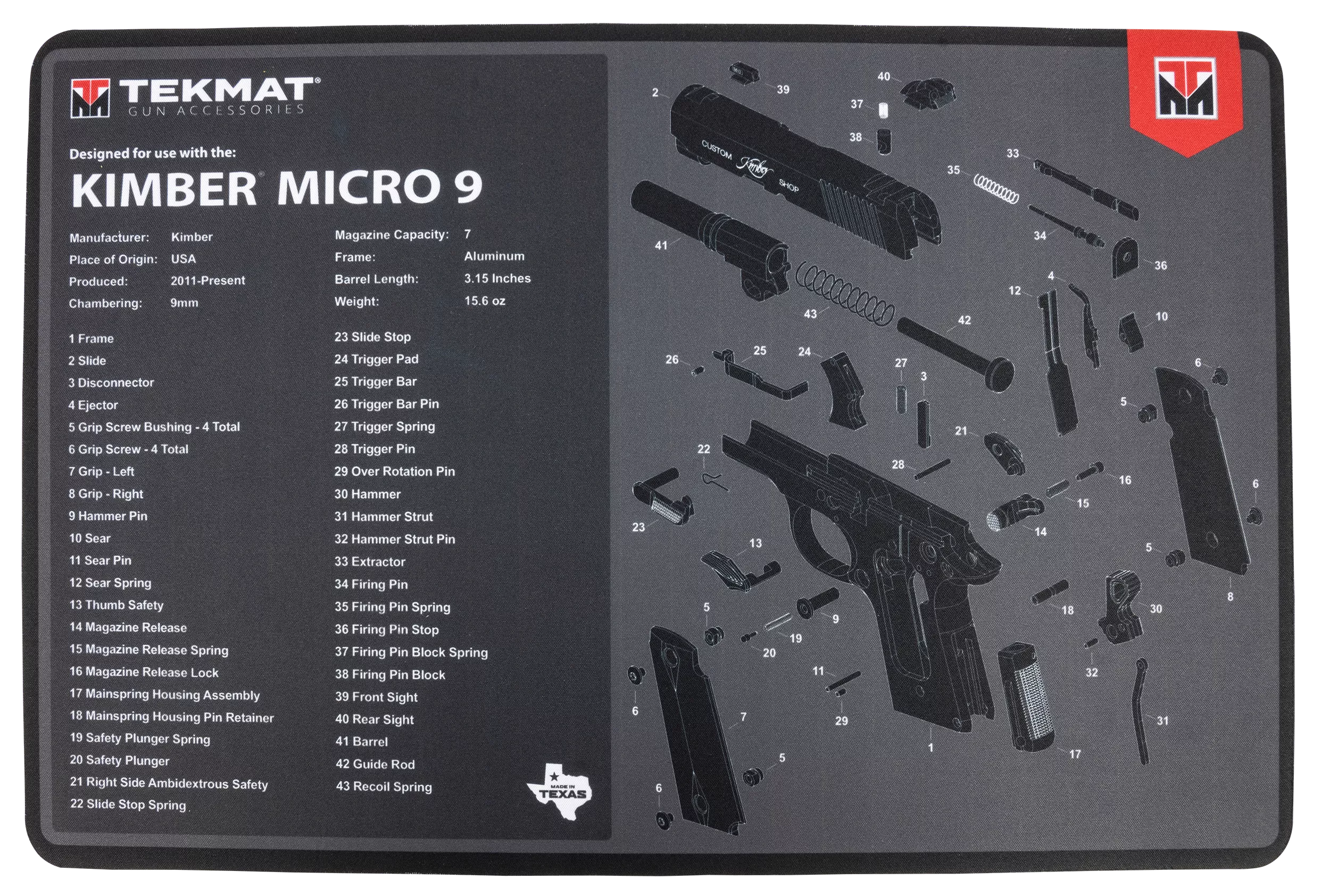 TekMat TEKR17KIMBERMCR9 Kimber Micro 9 Cleaning Mat Black/Gray Rubber 11"x17" Kimber Micro 9 Diagram