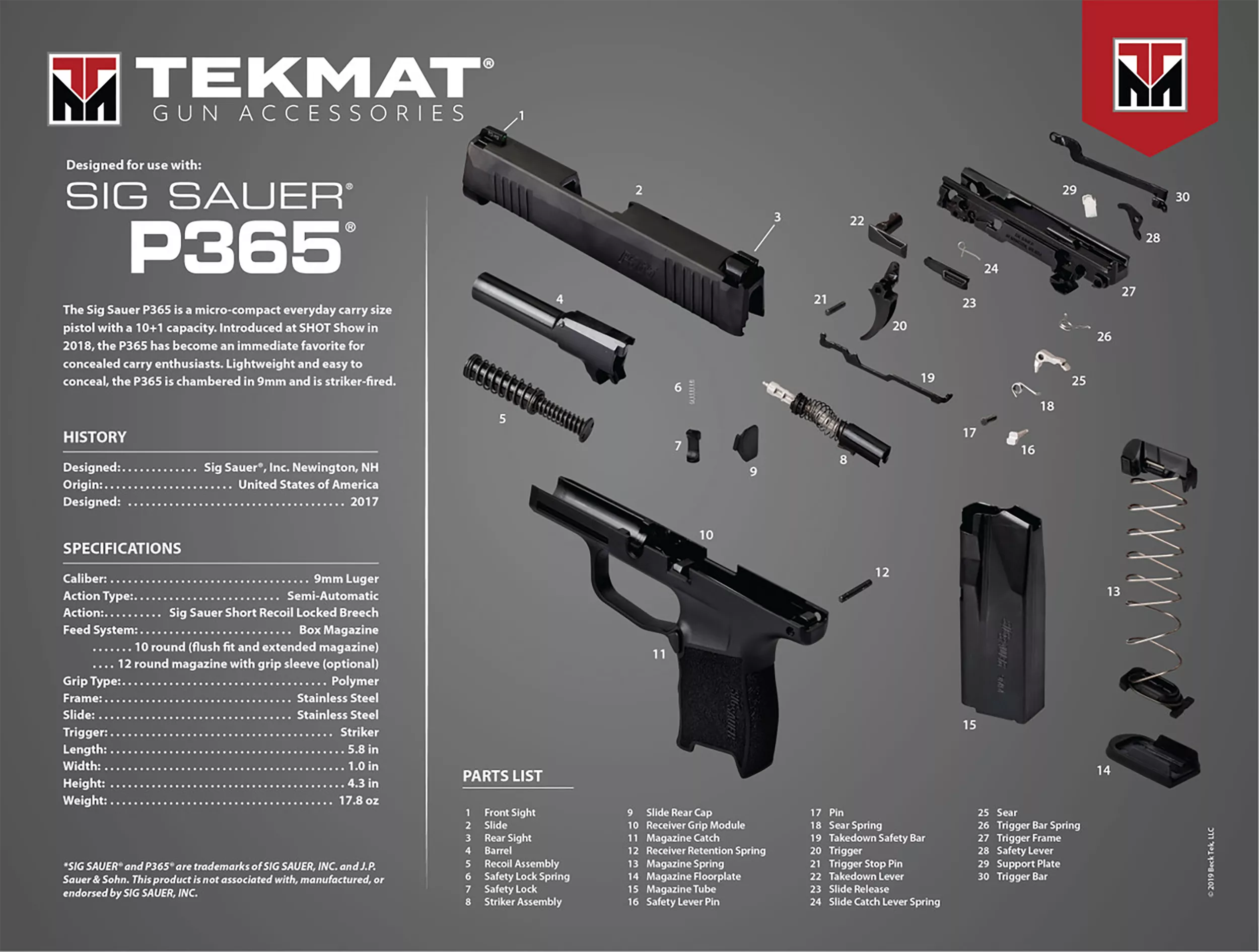 TekMat TEKR20SIGP365Ultra 20 Cleaning Mat Multi-Color Rubber 15"x20" Sig P365 Parts Diagram
