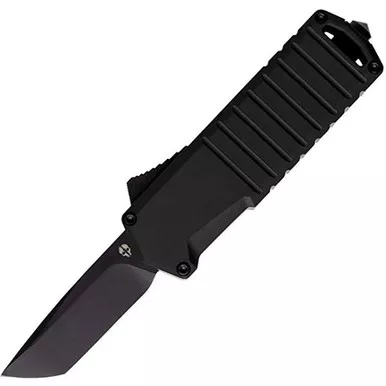 Tekto Knives A2 BADGER Mini Automatic OTF Knife - 1.85" Titanium-Coated D2 Steel Tanto Blade, Black Aluminum Handle, California Compliant