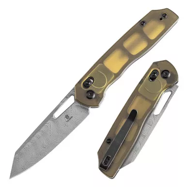 Tenable Knives Shard Crossbar Lock Folding Knife - 3.47" Damascus Reverse Tanto Blade, Amber PEI Handle - T1006V7