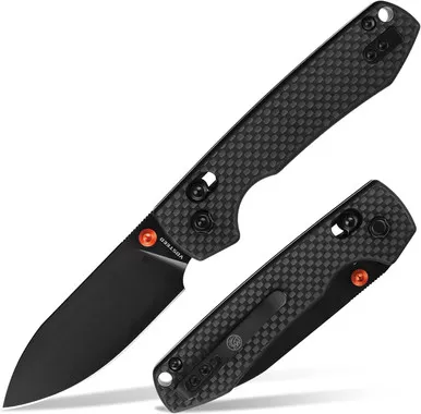 Vosteed Cutlery Raccoon Folding Knife - 3.25" Nitro-V Black Drop Point Blade, Carbon Fiber Handles, Orange Back Spacer and Thumb Stud