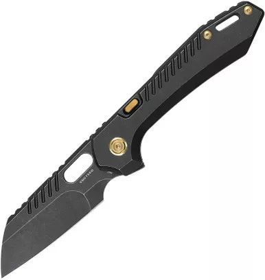 Vosteed Cutlery RSKAOS Mayhem Mayhem Folding Knife - 3.46" M390 Black PVD Sheepsfoot Blade, Black Titanium Handles, Gold Accents