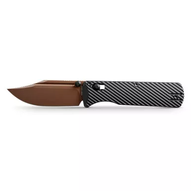 Vosteed Cutlery Vombat Crossbar Lock Folding Knife - 2.92" M390 Copper Dune Bowie Blade, Black Aluminum Handles - A4106