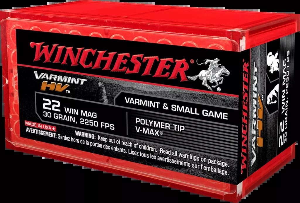 Winchester Ammo Varmint HV .22 WMR 30gr Hornady V-MAX Polymer Tip Rimfire Ammo 50rd S22M2PT