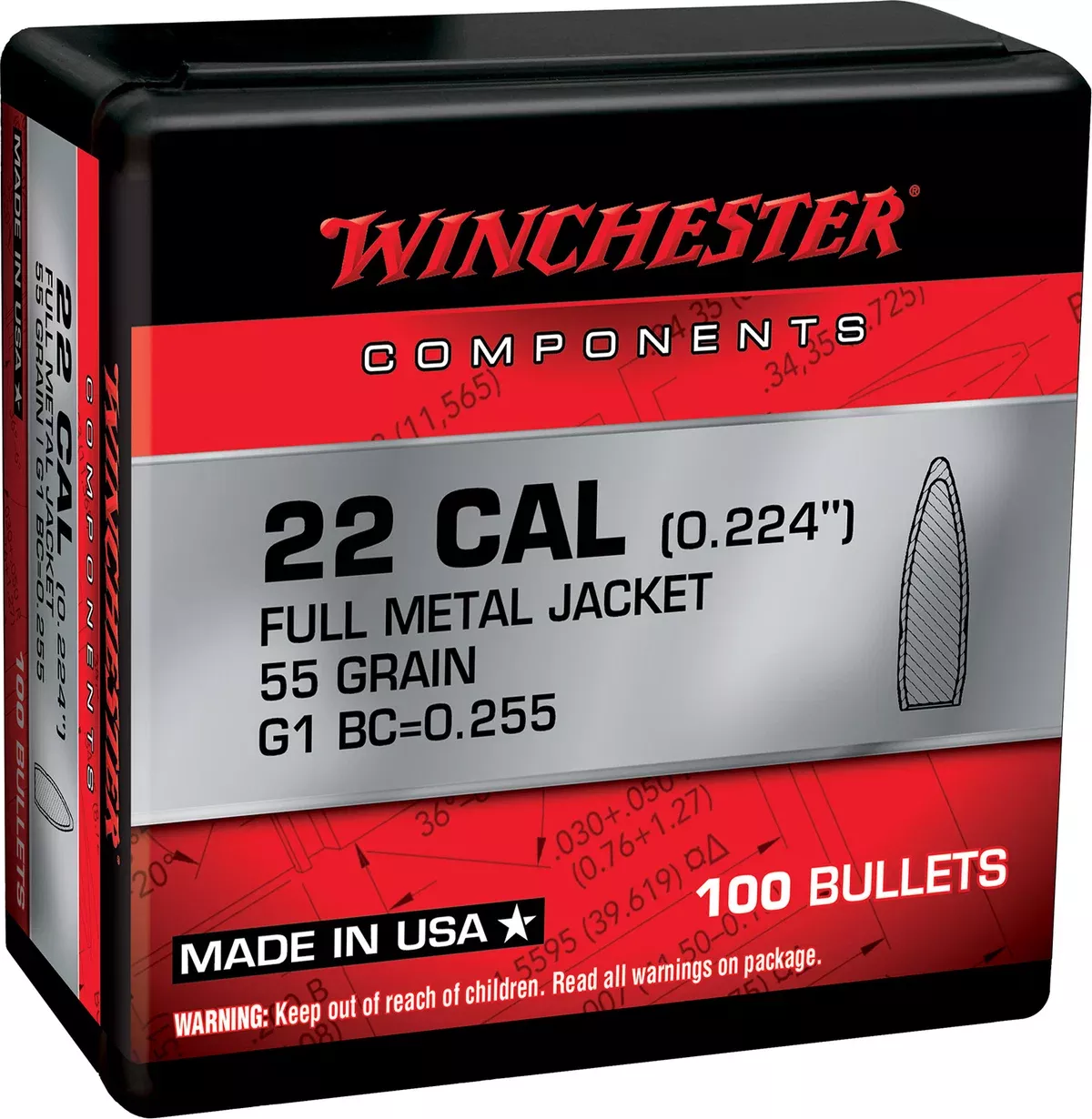 Winchester Ammo WB556MC55X Centerfire Rifle5.56x45mmNATO 55gr Full Metal Jacket Boat Tail 100 Per Box/10 Case