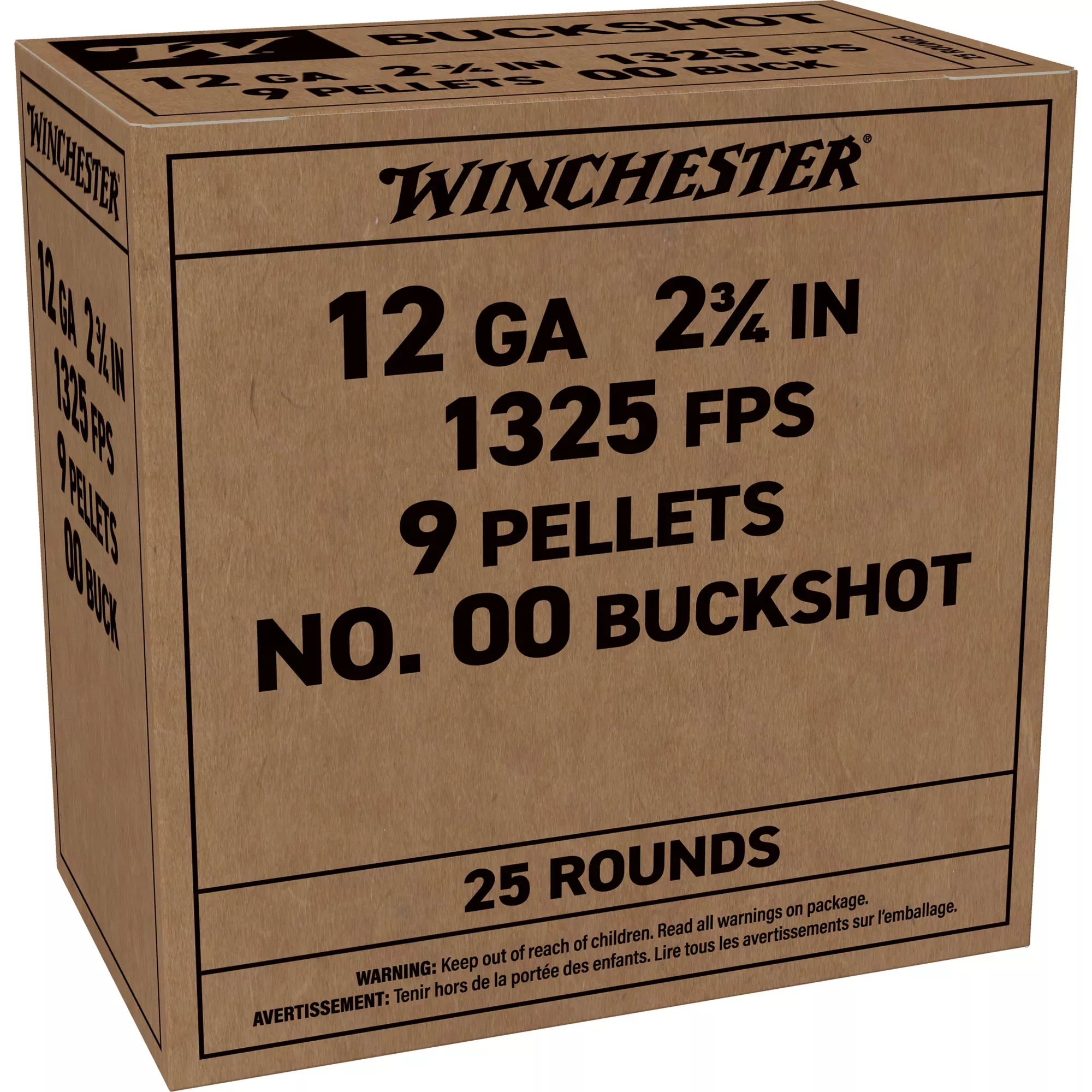 Winchester Ammunition 12 Gauge 2.75in 00 Buck 9-Pellet Buckshot Shotshells 25-Round Box Q1544VP