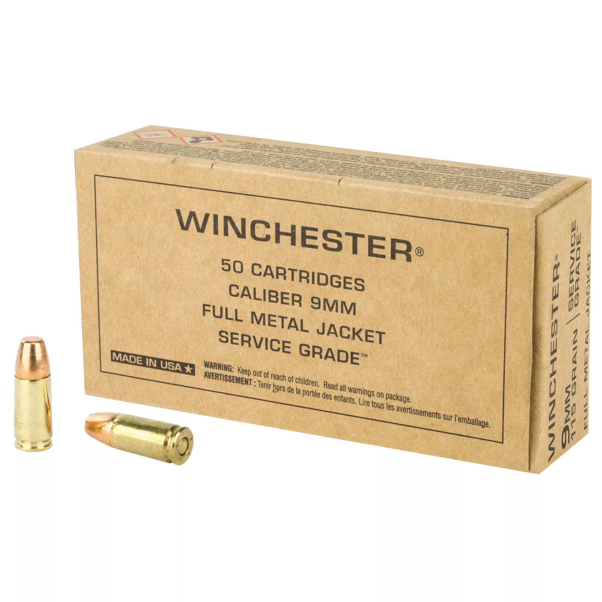 Winchester Service Grade 9mm Luger 115 Grain Full Metal Jacket Ammo, 50/500 Pack SG9W
